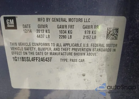 2015 Chevrolet Malibu Ls from USA, damaged, VIN 1G11B5SL4FF246437